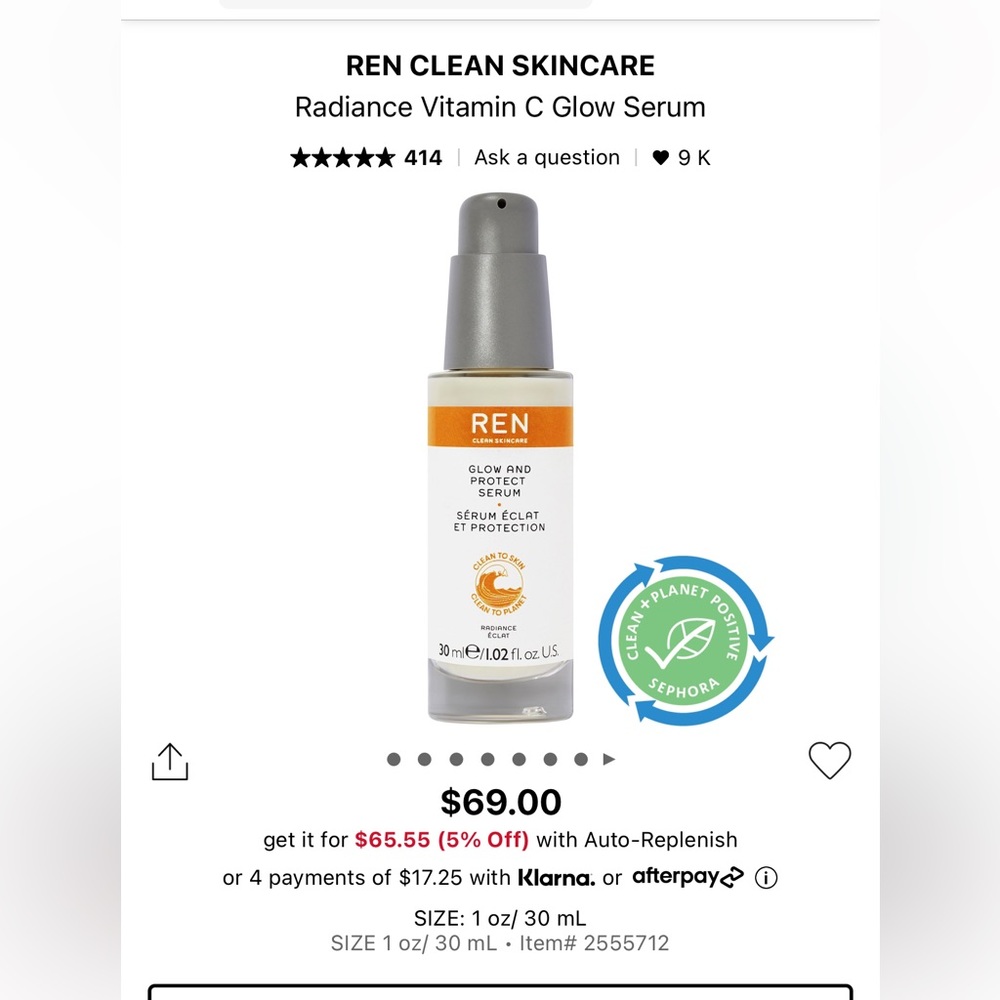 New in Box REN CLEAN SKINCARE Radiance Vitamin C Glow Serum